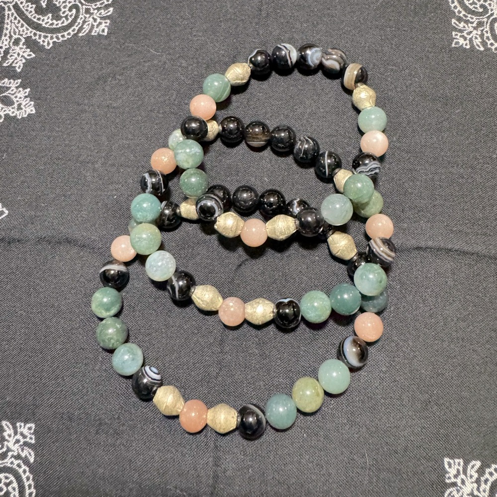 JUNGLE HIPPIE BRACELET - moss agate, sunstone, black agate, handmade trade beads